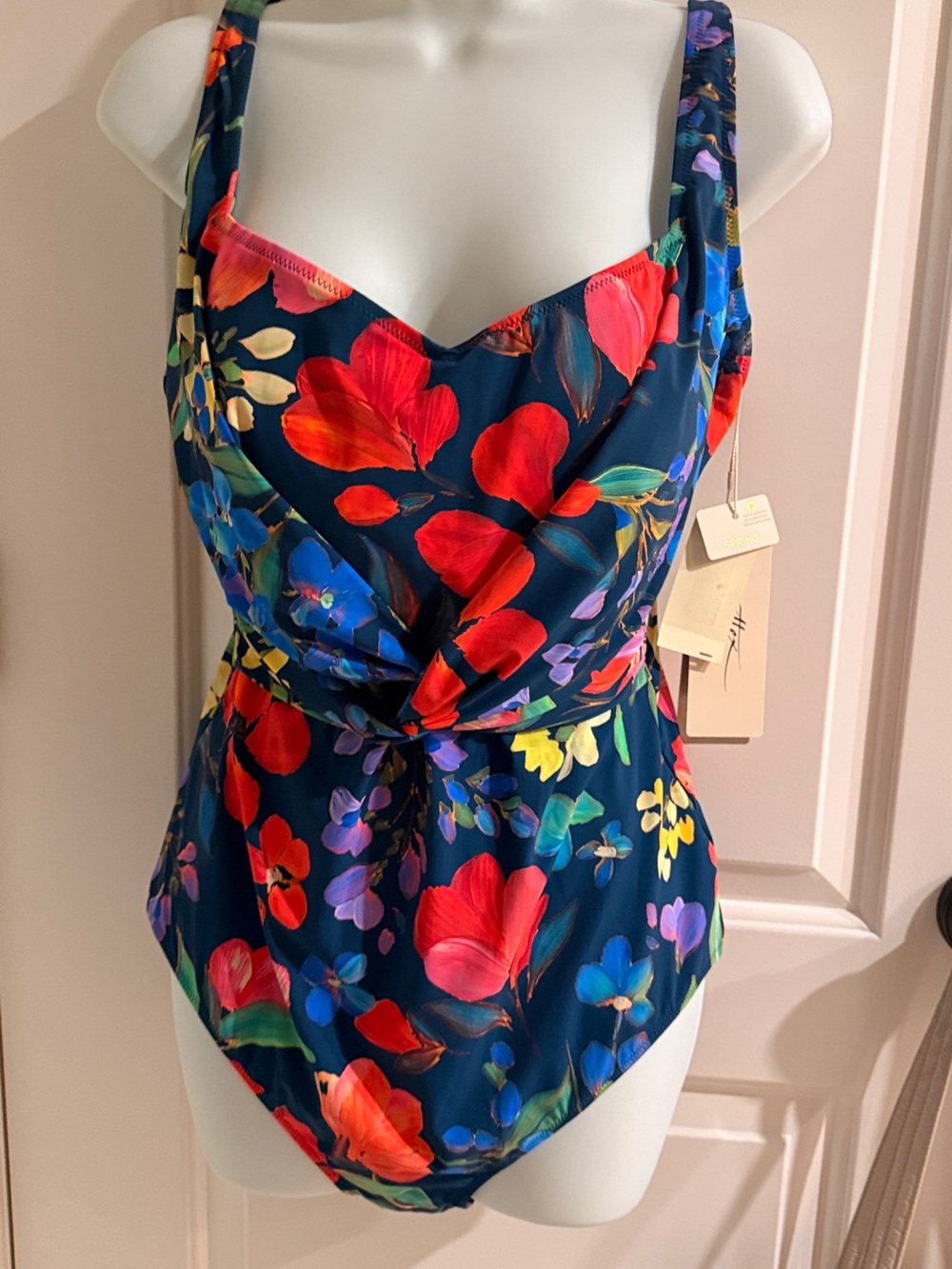 Gottex Navy Floral One-Piece Swimsuit - Pink, Yellow & Green Blooms shaping sz18